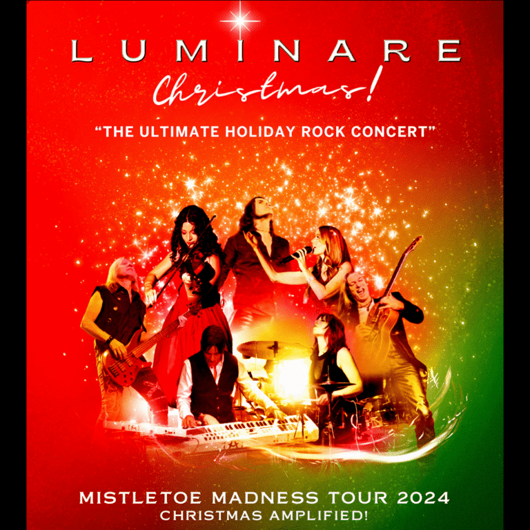 Red and green graphic entitled "Luminare Christmas - The Ultimate Holiday Rock Concert." Images of people playing a variety of rock and classical instruments cover the graphic.